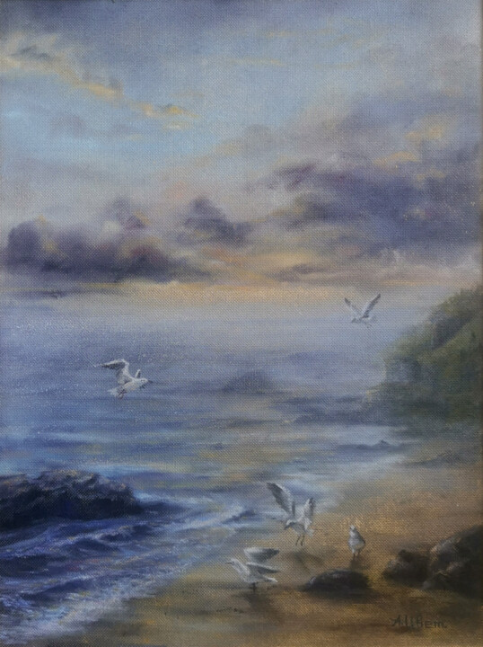 Painting titled "Утренний туман" by Anastasiia Tsvetkova, Original Artwork, Oil Mounted on Wood Panel
