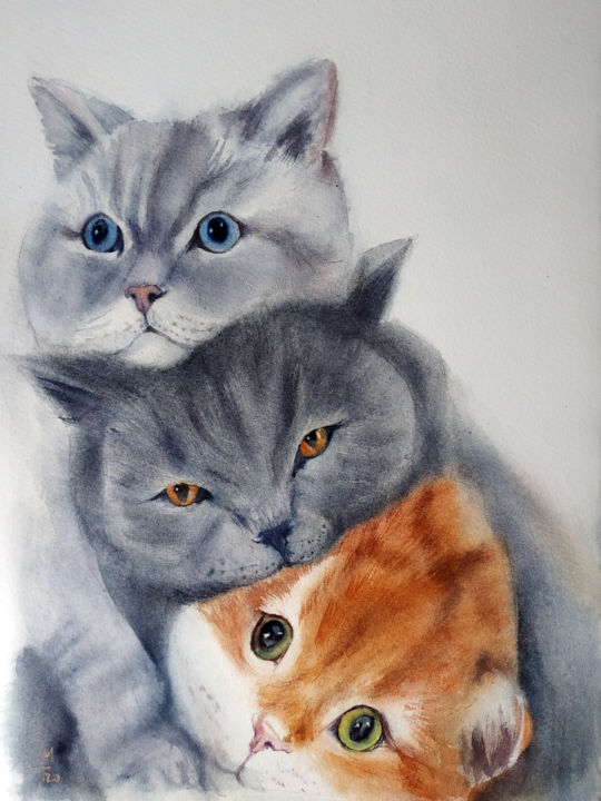 Three Cats, Painting by Mary Grinkevich | Artmajeur