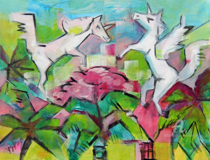 Malerei mit dem Titel "Licornes dans la vi…" von Sylvie Penet, Original-Kunstwerk, Acryl