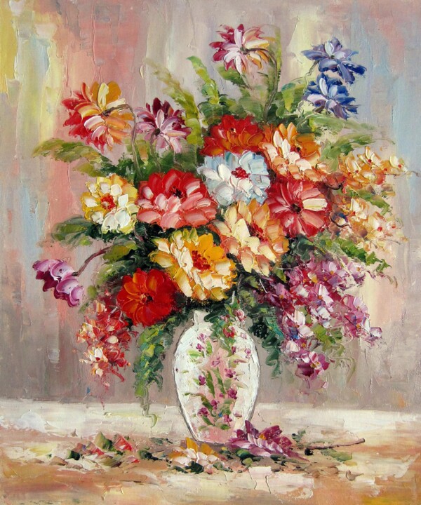 Painting titled "Vase Flower 217" by Greg Leander, Original Artwork, Oil Mounted on Wood Stretcher frame