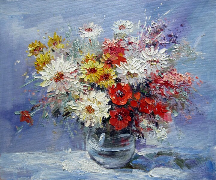 Painting titled "Vase Flower 311" by Greg Leander, Original Artwork, Oil Mounted on Wood Stretcher frame