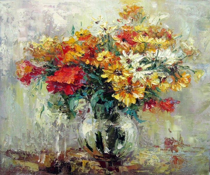 Painting titled "Vase Flower 320" by Greg Leander, Original Artwork, Oil Mounted on Wood Stretcher frame