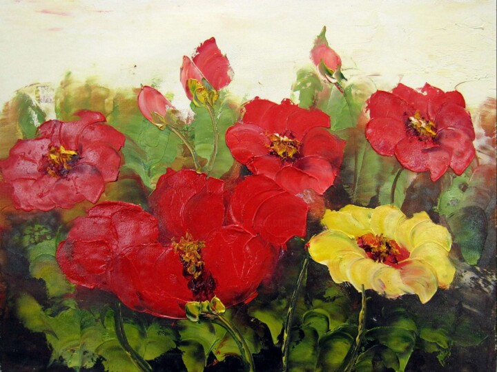 Painting titled "Red flower 004" by Greg Leander, Original Artwork, Oil Mounted on Wood Stretcher frame