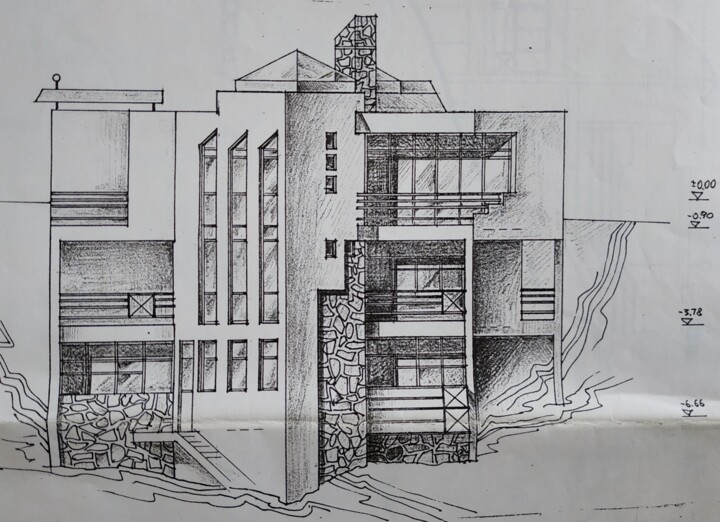 Zeichnungen mit dem Titel "Private house sketch" von Gregory Borin, Original-Kunstwerk, Tinte