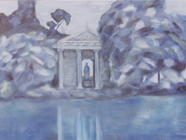 Painting titled "Temple in the Moonl…" by Gregg Simpson, Original Artwork, Acrylic Mounted on Wood Stretcher frame