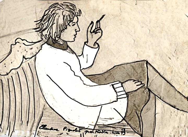 Tekening getiteld "Claudine fumant sur…" door Grégoire Koboyan (Cricorps), Origineel Kunstwerk, Conté