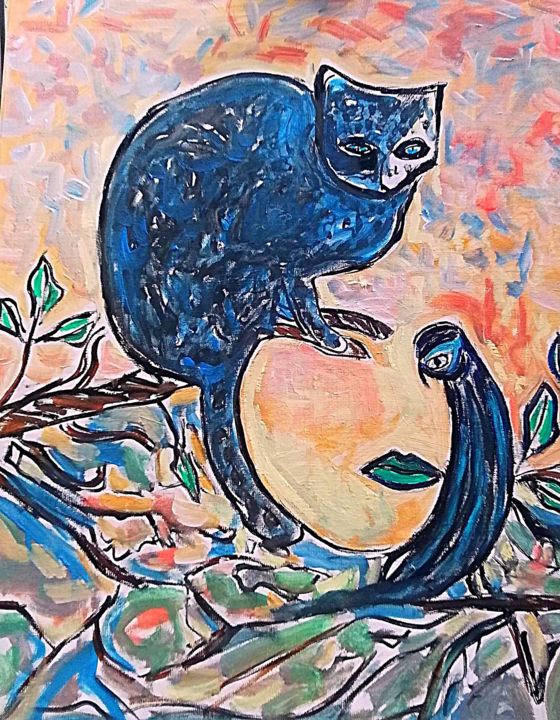 Peinture intitulée "Le chat et l'oiseau" par Grégoire Koboyan (Cricorps), Œuvre d'art originale, Huile