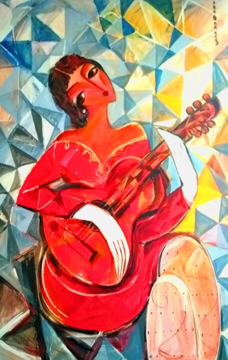 Painting titled "Femme à la guitare…" by Grégoire Koboyan (Cricorps), Original Artwork, Oil