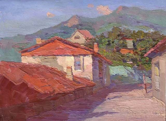 Painting titled "Gurzuf. Red roofs" by Gregory Gamaley, Original Artwork, Oil Mounted on Wood Stretcher frame