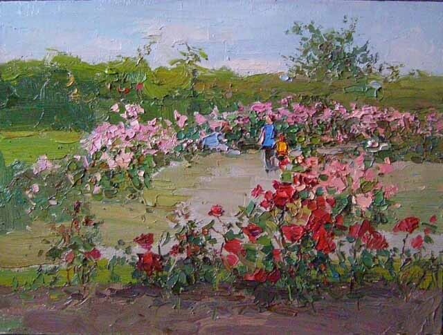 Painting titled "Rose-garden" by Gregory Gamaley, Original Artwork, Oil