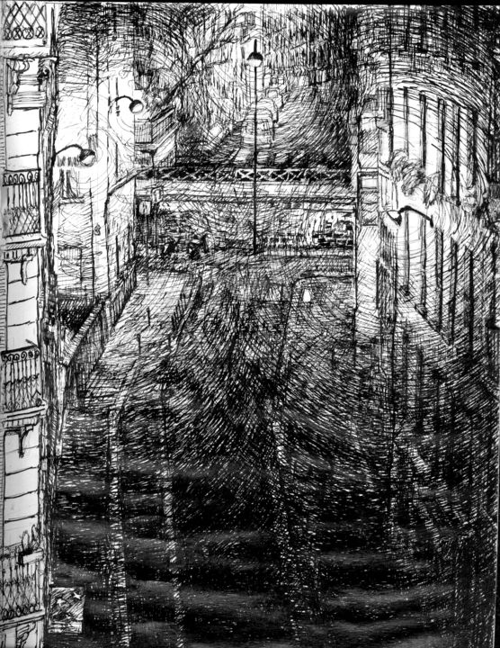 Dessin intitulée "Rue Nuit" par Grégory Geng, Œuvre d'art originale, Encre