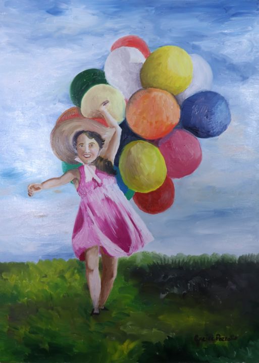 Pintura intitulada "Menina com balões" por Greice Pozzatto, Obras de arte originais, Óleo