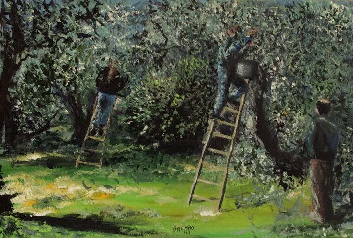 Schilderij getiteld "Récolte des olives" door Valérie Gremmo, Origineel Kunstwerk, Acryl