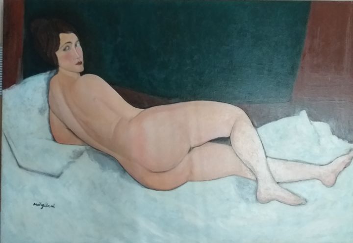 Painting titled "Nudo sdraiato 100x7…" by Gres Natalia, Original Artwork, Oil Mounted on Wood Stretcher frame