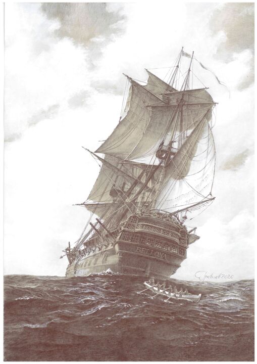 Drawing titled "HMS Bellona" by Anton Grevtsev, Original Artwork, Ballpoint pen