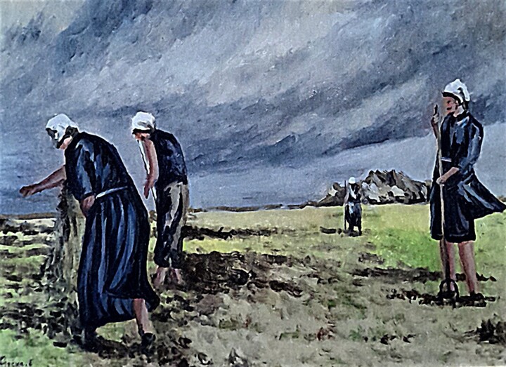 Painting titled "L'étalage du goémon…" by Christian Grévellec, Original Artwork, Oil