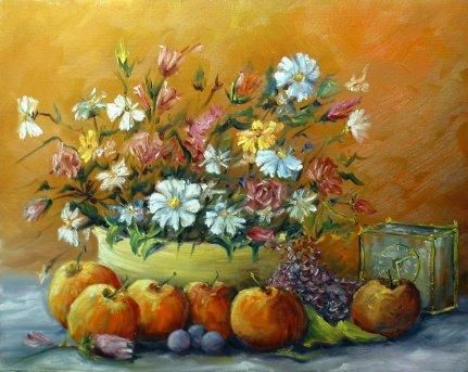 Painting titled "Fruits et fleurs" by Robert Grimonpont, Original Artwork