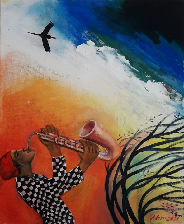 Painting titled "Black Stork" by Anatolijs Griscenko, Original Art, Oil