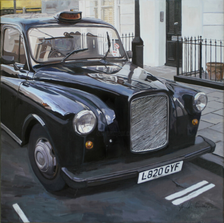 Painting titled "taxi Londres" by Griselda Ferrandez, Original Artwork, Oil Mounted on Wood Stretcher frame