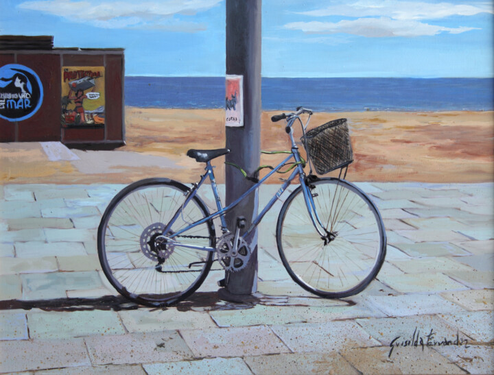 Painting titled "Bicicleta playa" by Griselda Ferrandez, Original Artwork, Oil Mounted on Wood Stretcher frame
