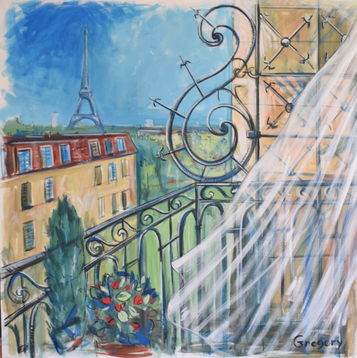 Картина под названием "Balconies of paris" - Grigorii Zulkarniaev, Подлинное произведение искусства, Акрил