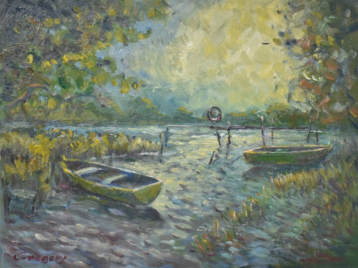Pintura titulada "boats on the river" por Grigorii Zulkarniaev, Obra de arte original, Oleo