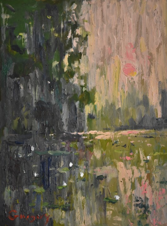 Painting titled "pond" by Grigorii Zulkarniaev, Original Artwork, Oil