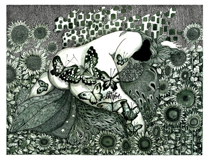 Σχέδιο με τίτλο "L'effet papillon" από Grotesk, Αυθεντικά έργα τέχνης, Μελάνι