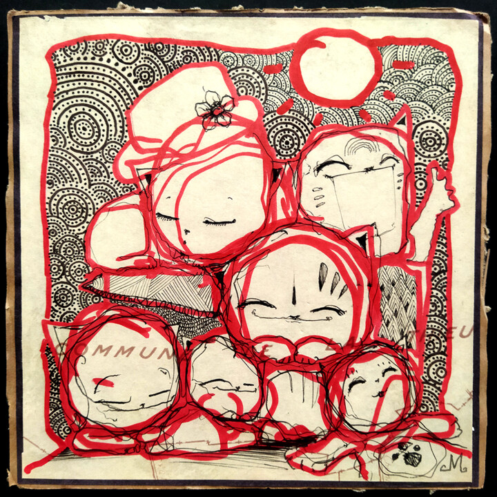 Painting titled "Happy red Family" by Grotesk, Original Artwork, Ballpoint pen