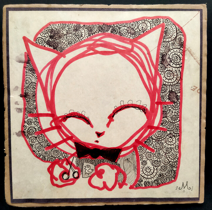 「Small red cat」というタイトルの描画 Groteskによって, オリジナルのアートワーク, マーカー 段ボールにマウント