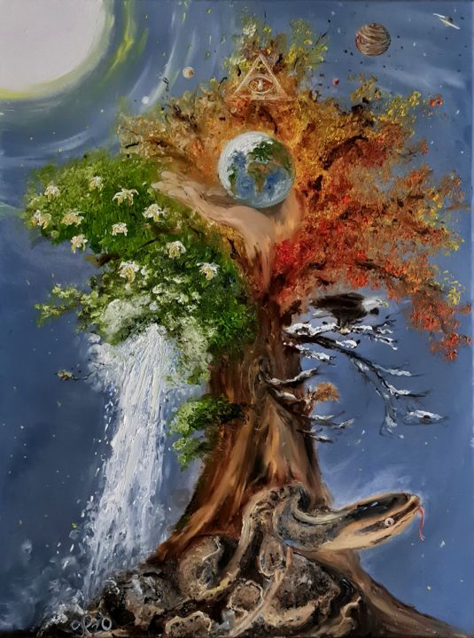 Painting titled "Mythologie - Tree o…" by Peter Grundtner, Original Artwork, Oil