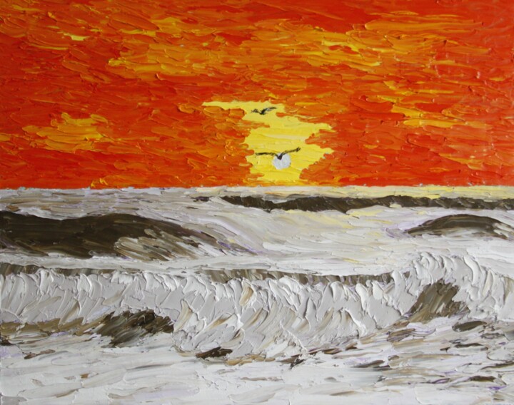 Peinture intitulée "Sunset and sea wave" par Gryg, Œuvre d'art originale, Huile Monté sur Châssis en bois
