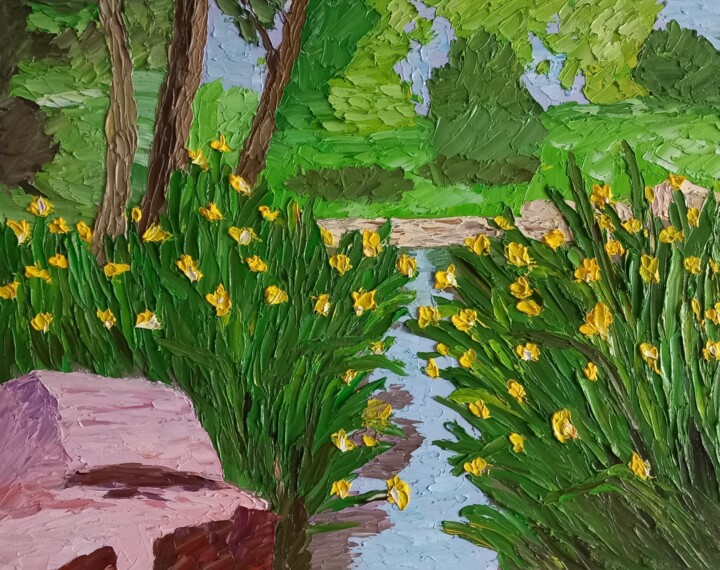 Peinture intitulée "Flowers by the pond" par Gryg, Œuvre d'art originale, Huile Monté sur Châssis en bois