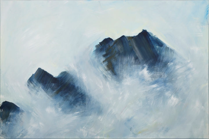Malerei mit dem Titel "Gipfel im Nebel" von Gregor Stäuble, Original-Kunstwerk, Acryl