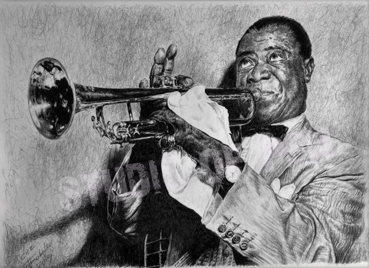 Drawing titled ""Louis Armstrong"" by Yuri Sobolev, Original Artwork, Ballpoint pen