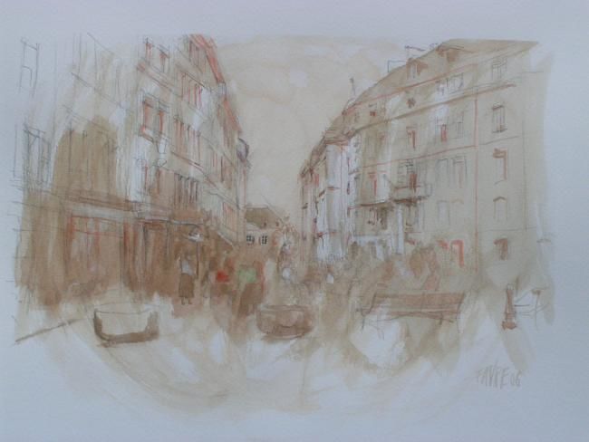 Dessin intitulée "Place du Bourg-du-F…" par Michel Favre, Œuvre d'art originale,