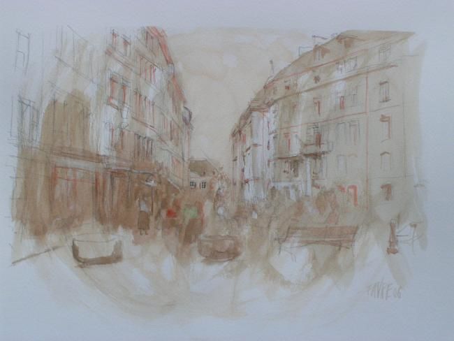 Drawing titled "Place du Bourg-du-F…" by Michel Favre, Original Artwork