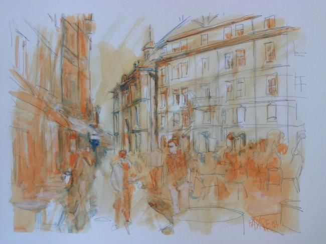 Dessin intitulée "Place du Bourg-du-F…" par Michel Favre, Œuvre d'art originale,