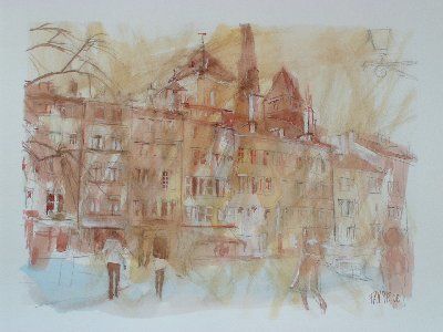 Dessin intitulée "Place du Bourg-du-F…" par Michel Favre, Œuvre d'art originale,