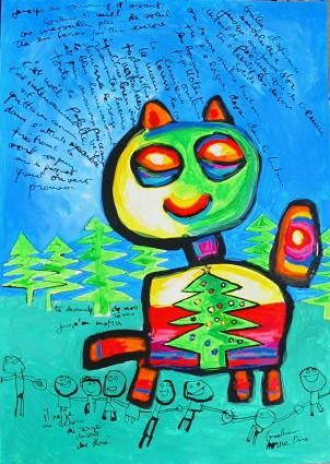 Painting titled "Chat peint de Noël" by Les Guallino, Original Artwork, Oil