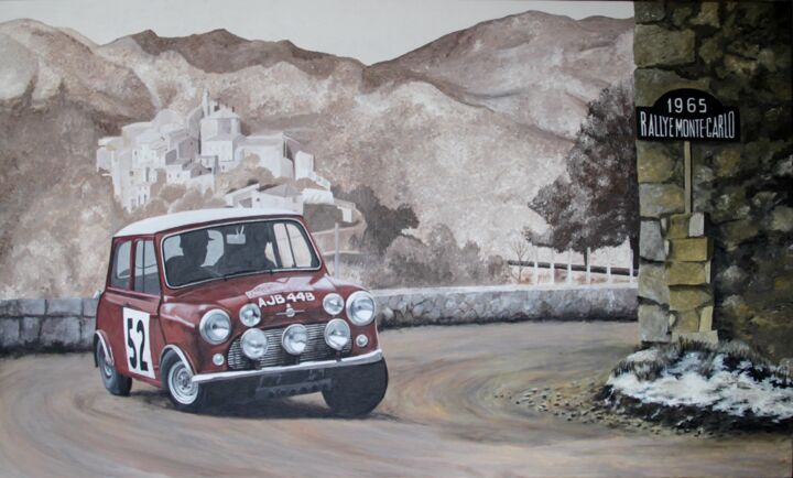 Painting titled "Mini. Rallye Monte-…" by Konstantin Gubanov, Original Artwork, Acrylic Mounted on Wood Stretcher frame