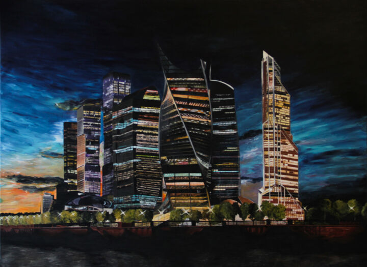 Painting titled "Moscow City" by Konstantin Gubanov, Original Artwork, Acrylic Mounted on Wood Stretcher frame