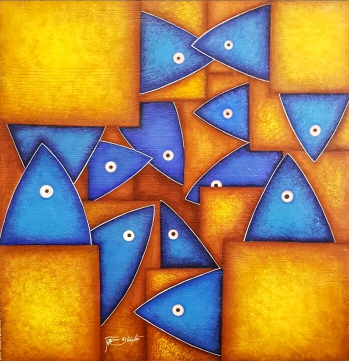 Painting titled "Fish Cubism" by Güçlü Kadir Yılmaz, Original Artwork, Acrylic