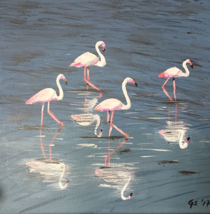 Painting titled "tunisian flamingos" by Gudrun Sageder, Original Artwork, Acrylic