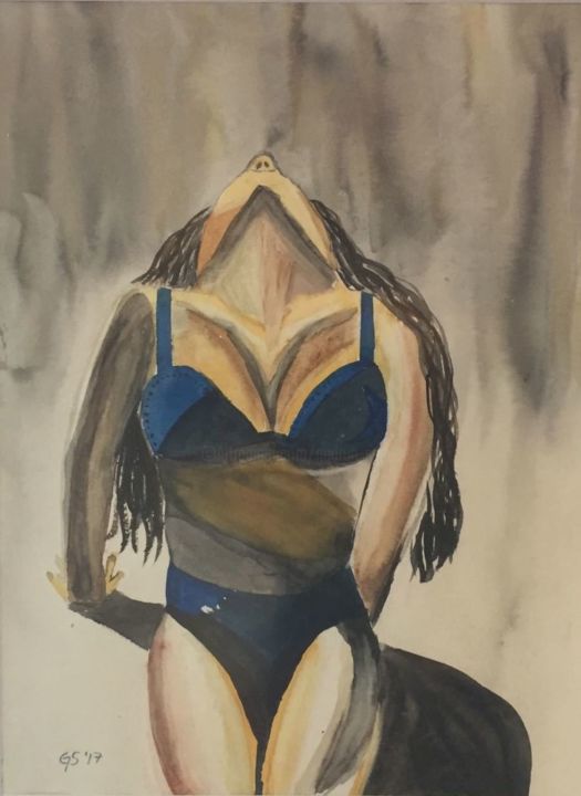 Painting titled "sunbathing in blue" by Gudrun Sageder, Original Artwork, Watercolor