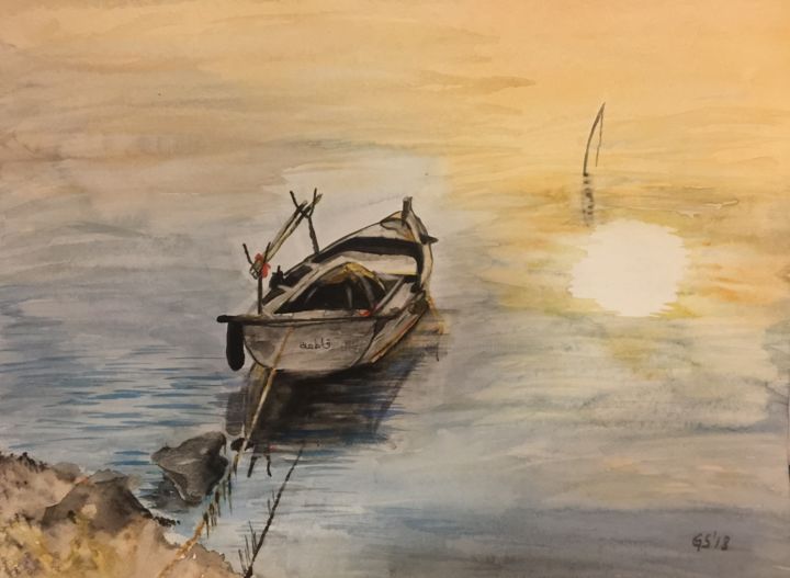 Painting titled "Fatma's fisher boat" by Gudrun Sageder, Original Artwork, Watercolor