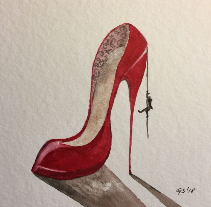 Painting titled "red heels climbing" by Gudrun Sageder, Original Artwork, Watercolor