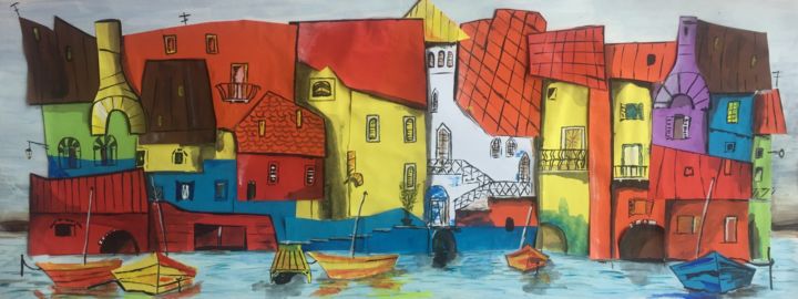 Collages intitolato "fishermen's village" da Gudrun Sageder, Opera d'arte originale