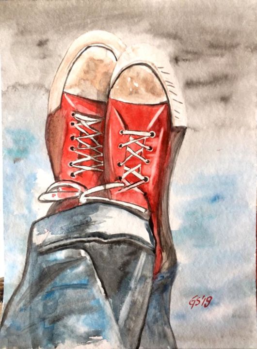 Painting titled "relaxing with red s…" by Gudrun Sageder, Original Art, Watercolor