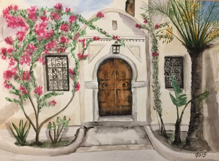 Malerei mit dem Titel "Old door in charmin…" von Gudrun Sageder, Original-Kunstwerk, Aquarell